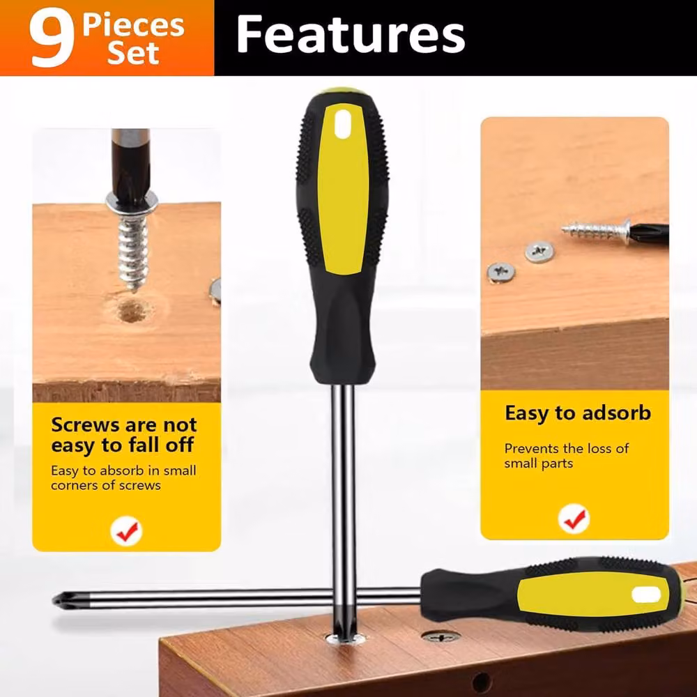 ATEK 9 Piece Magnetic Screwdriver Set in Black with Chrome Vanadium Steel and Insulated Soft Grip Handles – 9