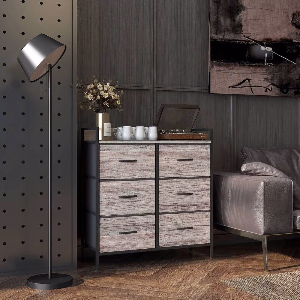 Wyld Haus Ferris 6 Drawer Chest in Grey Wood Effect and Black Fabric – 3