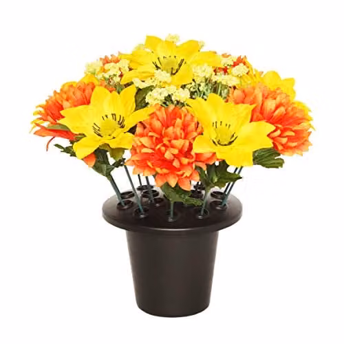 SF Artificial Rose Memorial Graveside Flower Bowl in Orange and Yellow, Diameter: 25 cm