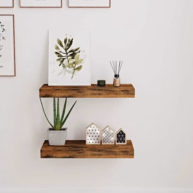 SPETLEK Set of 2 Brown Retro Wood Floating Wall Shelves, Width: 50 cm