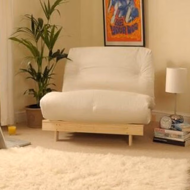 Comfy Living Beige and White Cotton Futon Sofa Bed with Solid Pine Wood Frame, W/D/H: 90 x 200 cm