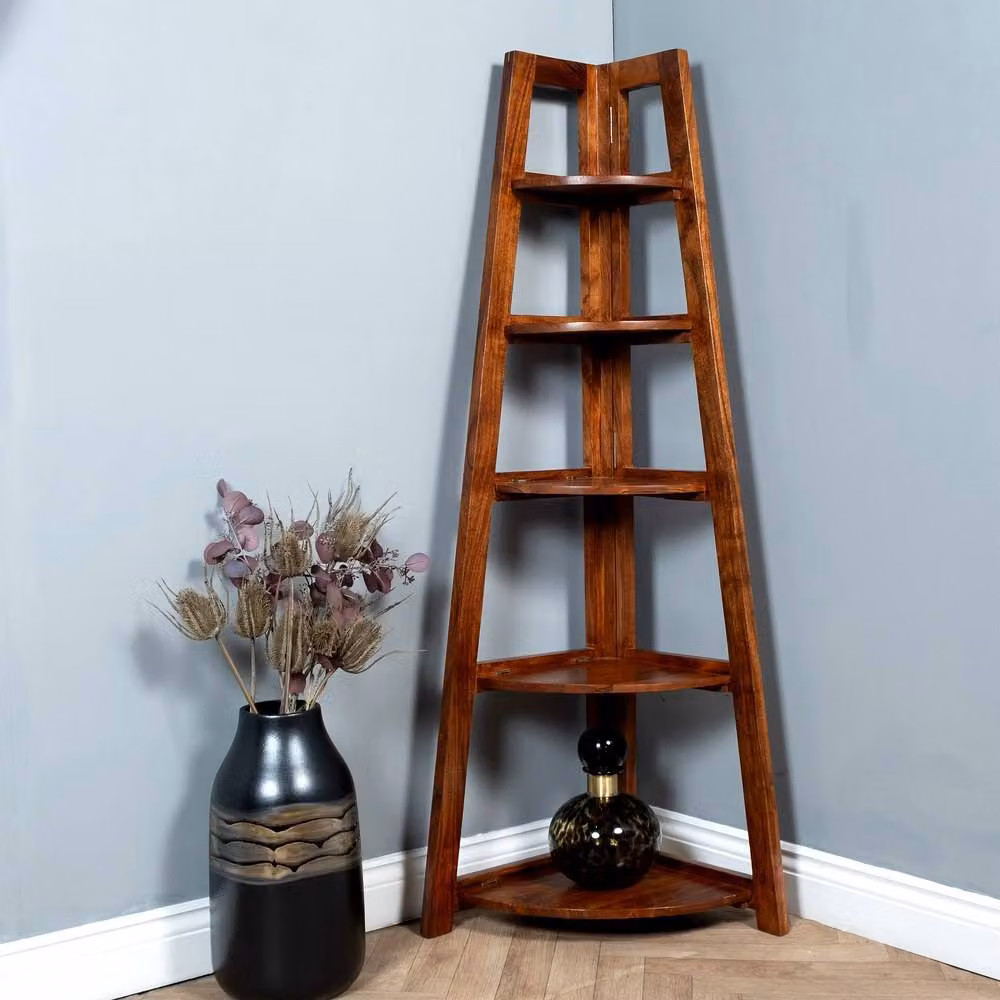 Elm Home And Garden Dark Brown Solid Mango Wood Folding Corner Shelving Display Unit H 155 cm x W 45 cm x D 62 cm – 3