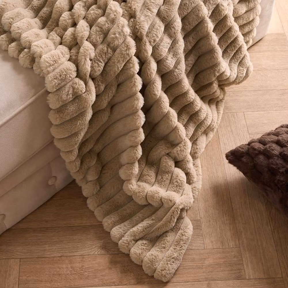 OHS Faux Fur Ribbed Fleece Throw Blanket in Taupe, W: 150 cm, D: 200 cm – 2