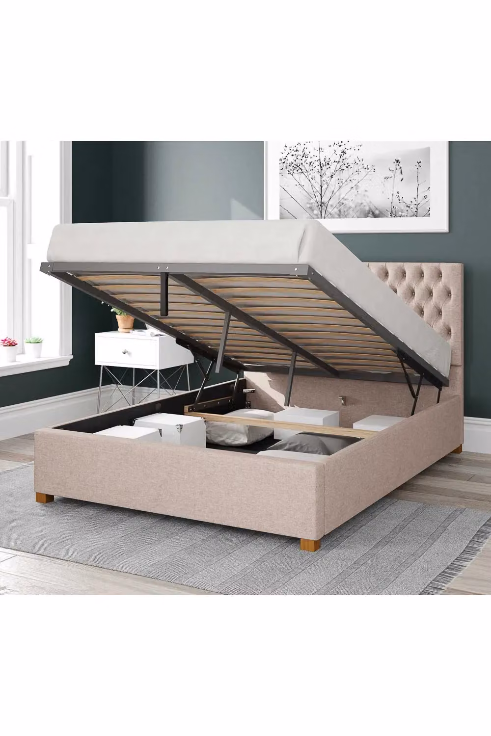 Aspire Nightingale Upholstered Ottoman Storage Bed in Sand Saxon Twill Fabric, W/D/H: 180 x 200 cm – 2