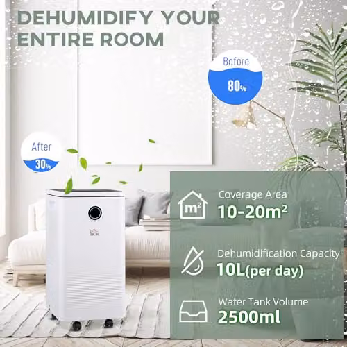 HOMCOM Portable Dehumidifier with WiFi Smart App Control, 10L/Day Capacity and 2.5L Water Tank, White and Black – 3