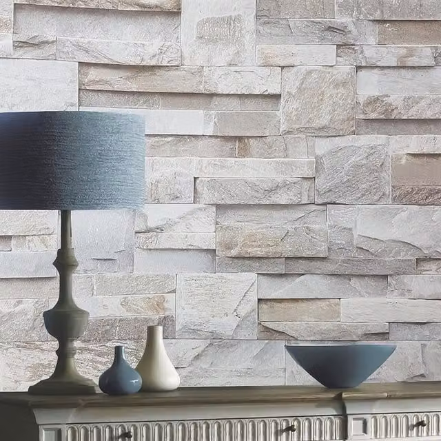 Debona Vintage Abstract 3D Slate Stone Wallpaper in Grey and Beige