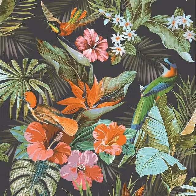 Rasch Paradise Birds Exotic Floral Leaf Tropical Vinyl Wallpaper in Black and Multicolour