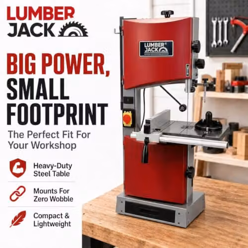 Lumberjack 10 inch Professional Benchtop Bandsaw with Cast Iron Table in Red, 375W Induction Motor, 230V – 2