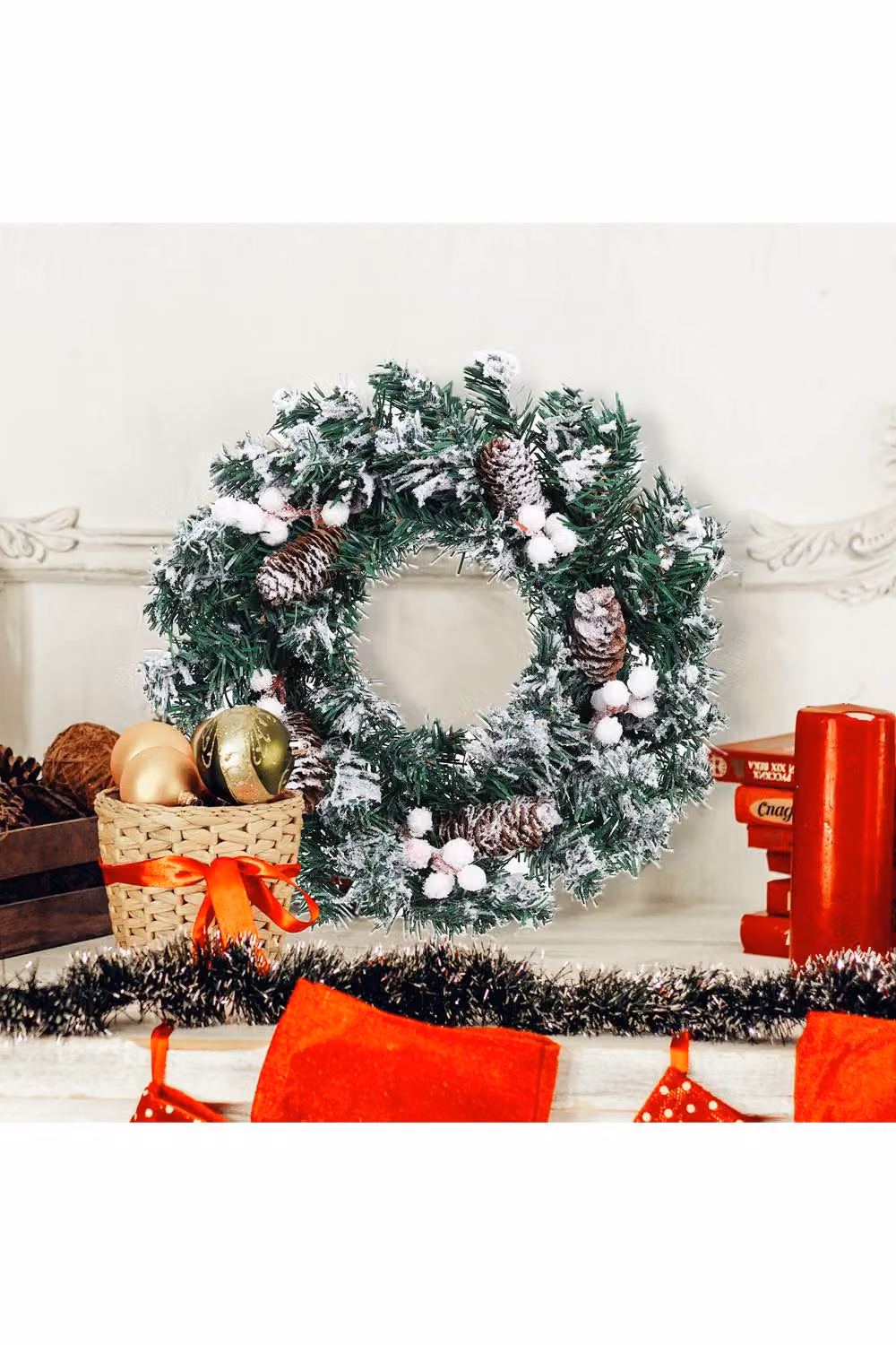 Living and Home Snow Flocked Christmas Artificial Wreath with Classical Ornaments, Green, Diameter: 30 cm – 2