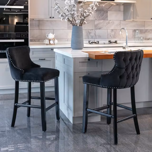 Home Touch Interior Set of 2 Modern Black Velvet Tufted Wing Back Bar Stools with Wooden Legs