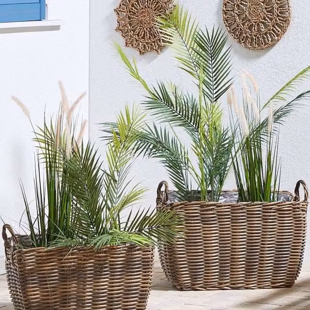 Wyld and Coco Brown PE Rattan Rectangular Plant Baskets Set of 2 with Lining