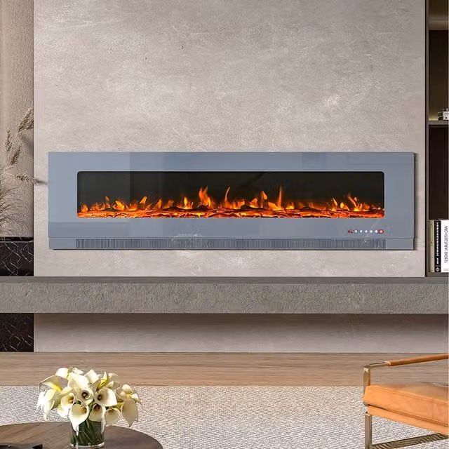 Livingandhome Grey Recessed Electric Fireplace with Glass Front, Width: 182.9 cm