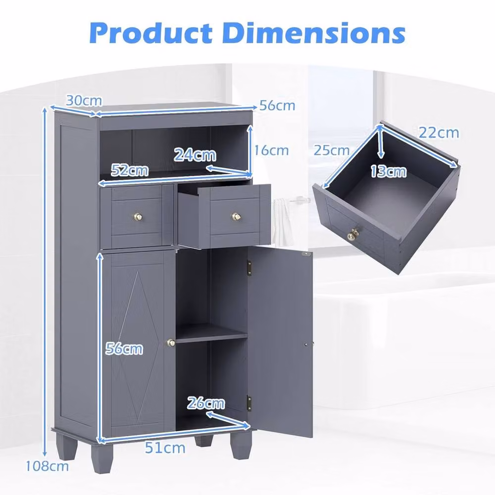 VOGREX Grey Wide Freestanding Bathroom Cabinet with 2 Hinged Doors, 2 Internal Drawers and Adjustable Shelves – 2