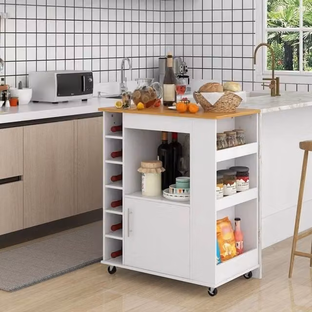 EONLION Modern White Island Rolling Kitchen Storage Cabinet