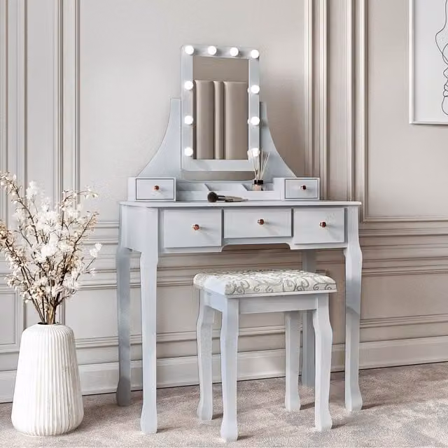 CARME Arianna Deluxe Dressing Table with Hollywood LED Mirror in Grey