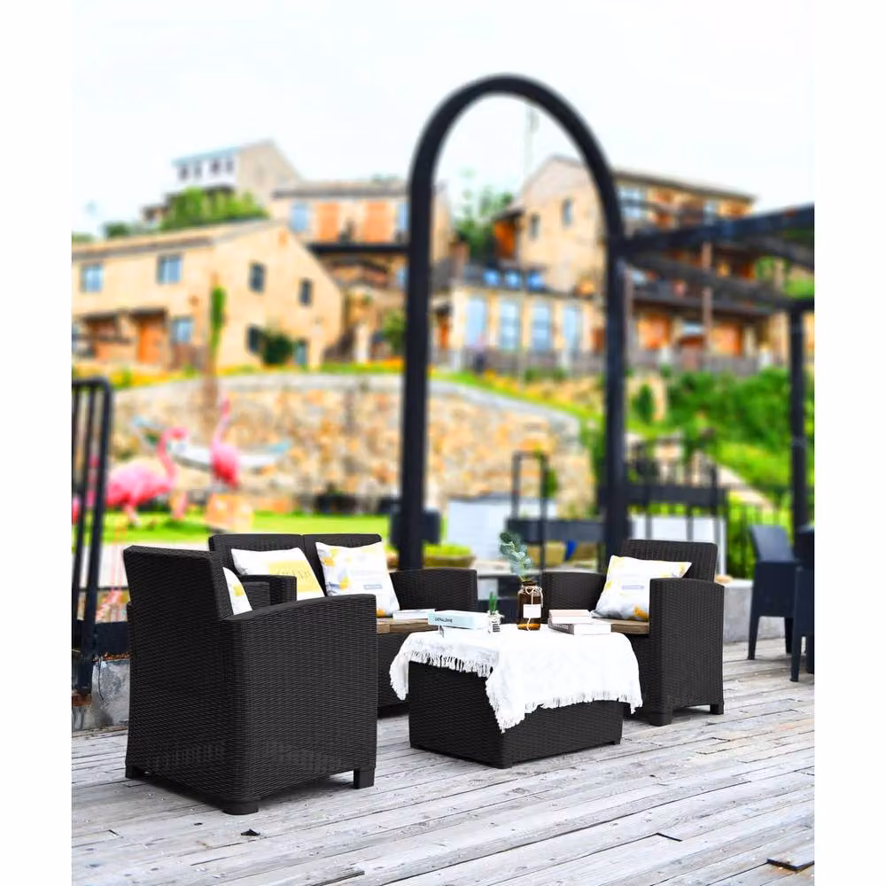 Centurion Supports SANTANA 4-Piece Black Polyrattan Garden Furniture Set with Cushions and Coffee Table – 4
