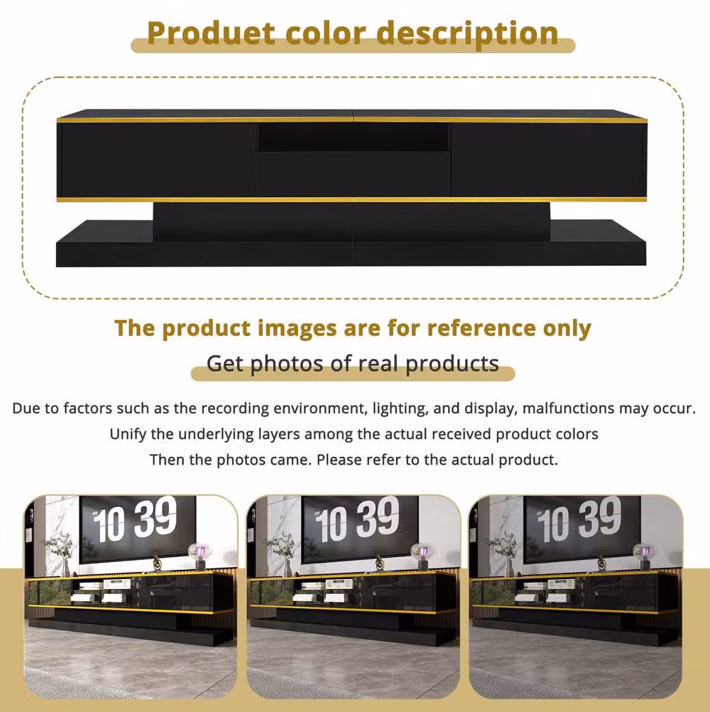 STILVORA Modern Glossy Black and Gold Wood TV Cabinet with Integrated Lighting, W: 180.0 cm, D: 38.0 cm, H: 45.0 cm – 5