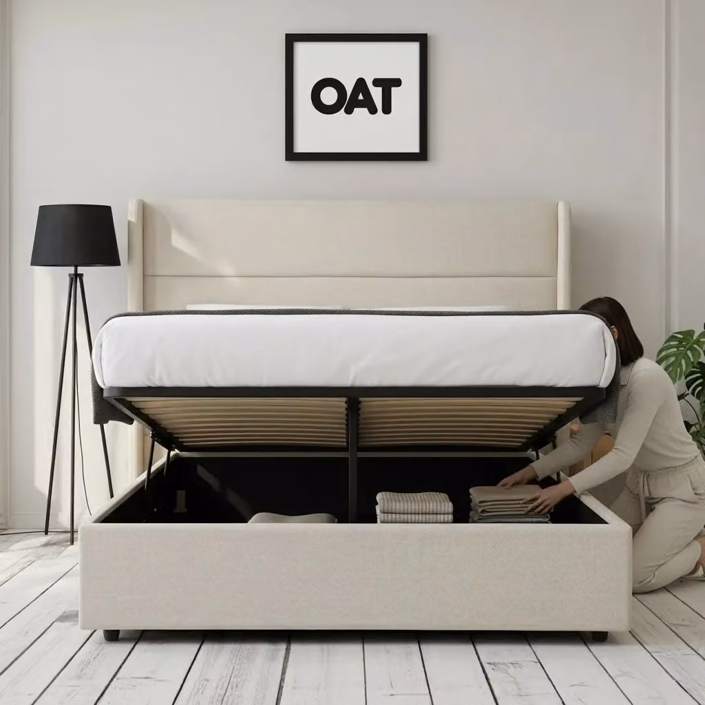 OAT Home Wilmslow Winged Headboard Ottoman Storage Bed Frame, Fabric Upholstered, Beige, King Size (180 x 200 cm) – 2