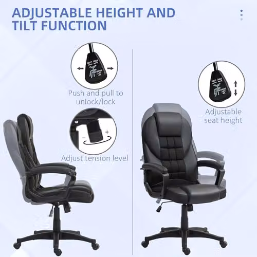 HOMCOM Executive Office Chair in Black Synthetic Leather with High Back, Armrests and Headrest, Swivel Function – 4