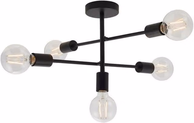 Netlighting Studio 5 Light Semi Flush Ceiling Light in Matt Black with Glass Shades and E27 Sockets