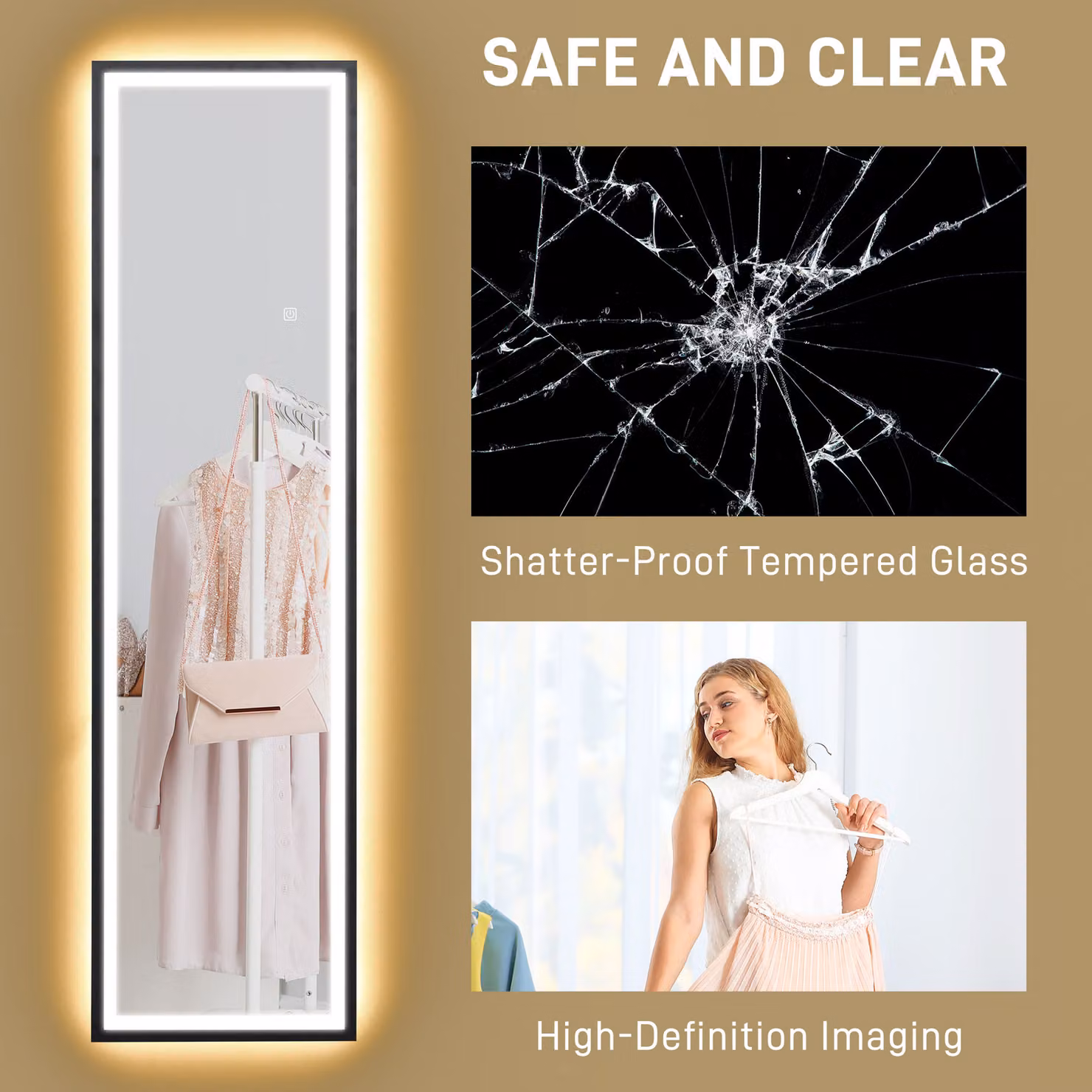 HOMCOM Full Length Free Standing Mirror with Dimmable LED Lights, Black, H 150 x W 40 cm – 6
