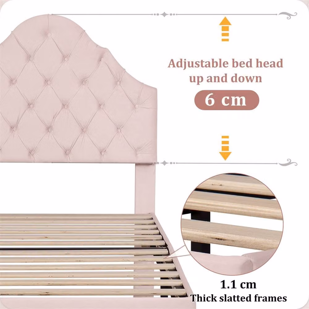 Abrihome Pink Velvet Single Bed with Upholstered Frame and Slatted Base W/D/H: 90 x 190 cm – 2