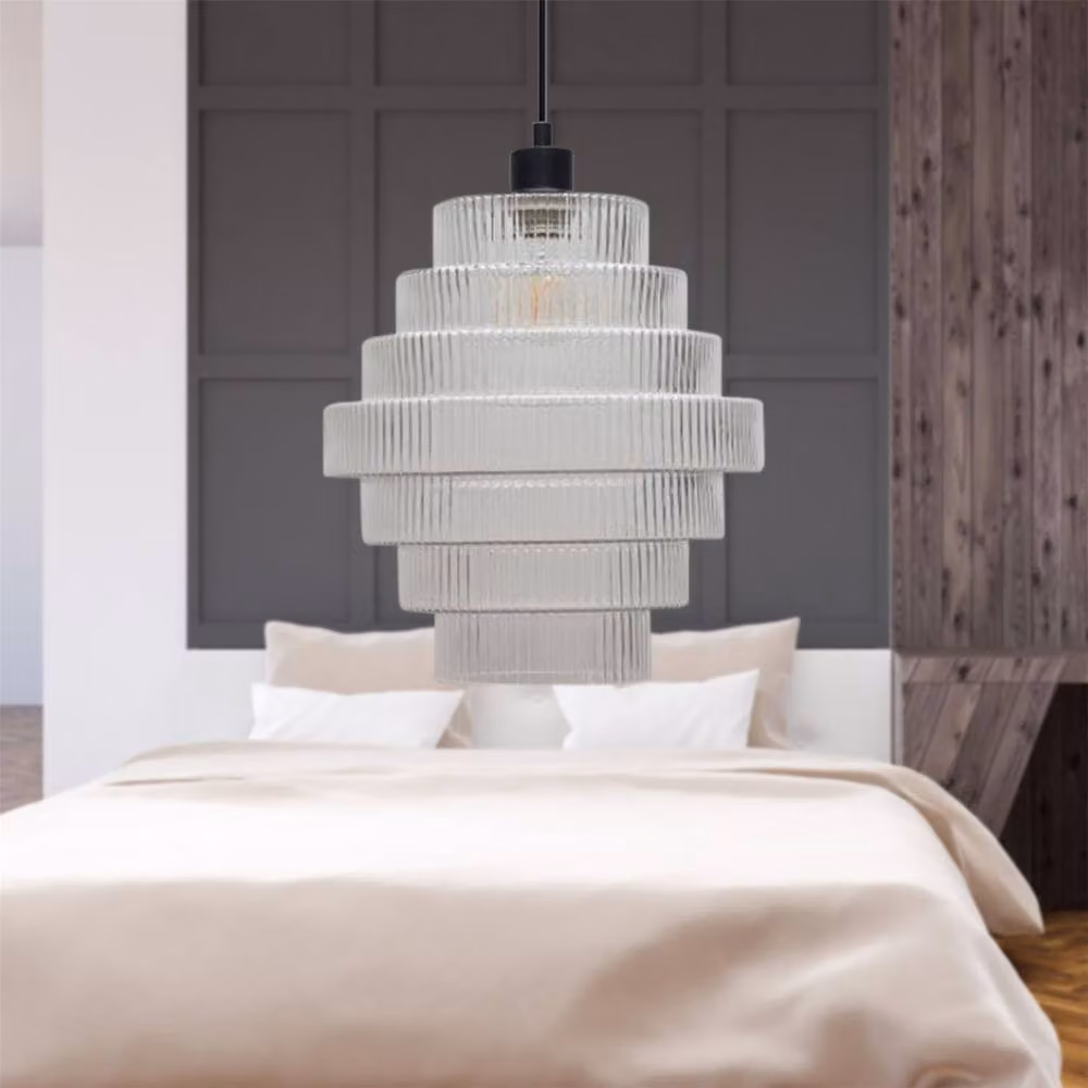 First Choice Lighting Benson 7 Tier Modern Suspended Ceiling Pendant Light with Transparent Glass and Black Finish, Height Adjustable – 3