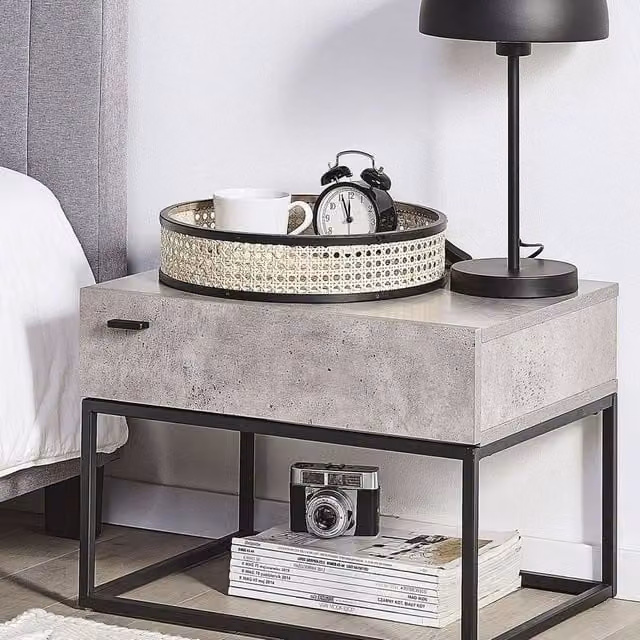 Wyld and Coco Grey Concrete Effect Bedside Table with 1 Drawer and Black Metal Base, W/D/H: 41 x 39 x 55 cm