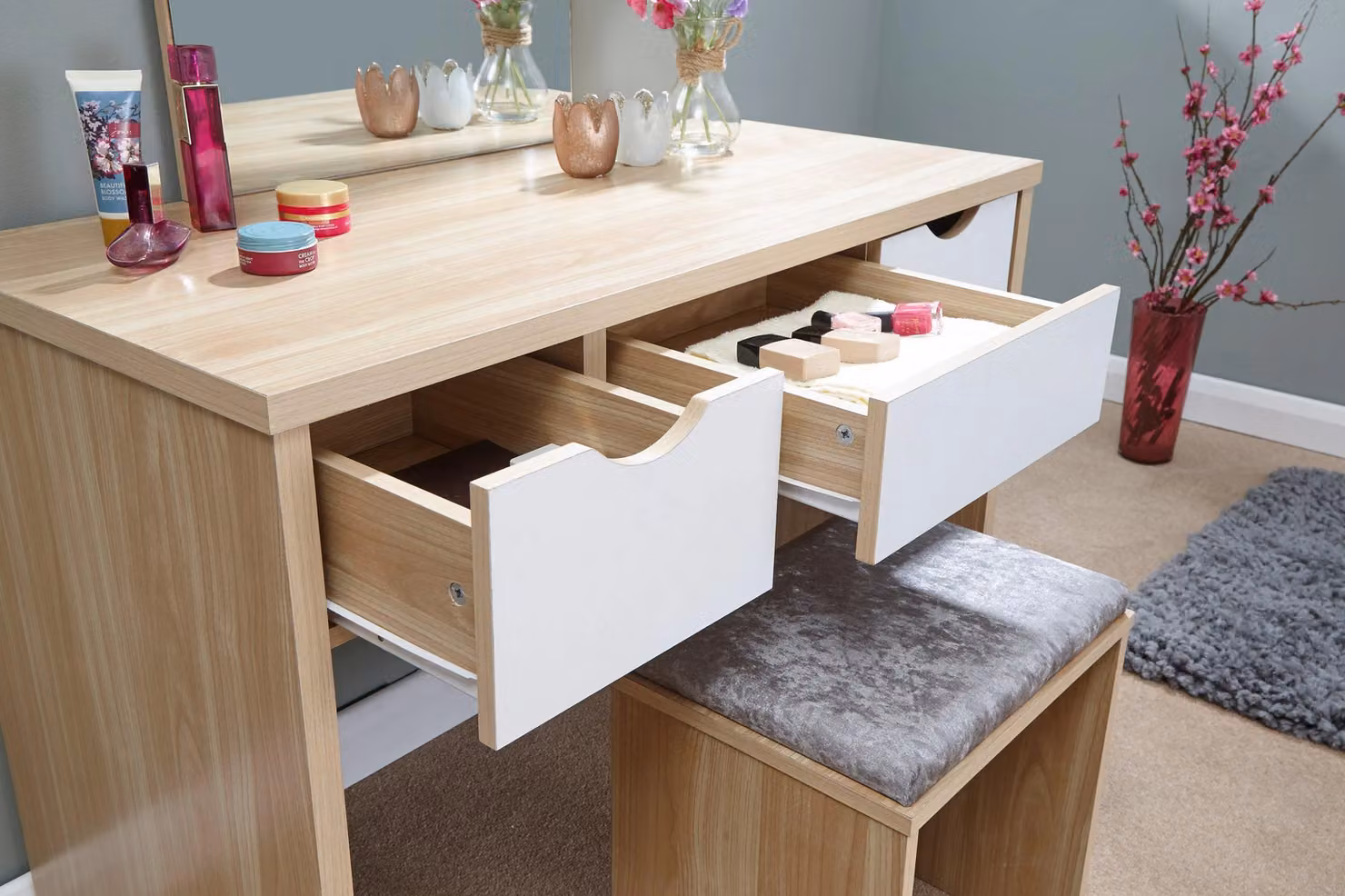 GFW Elizabeth Dressing Table and Stool Set in Oak and White – 3