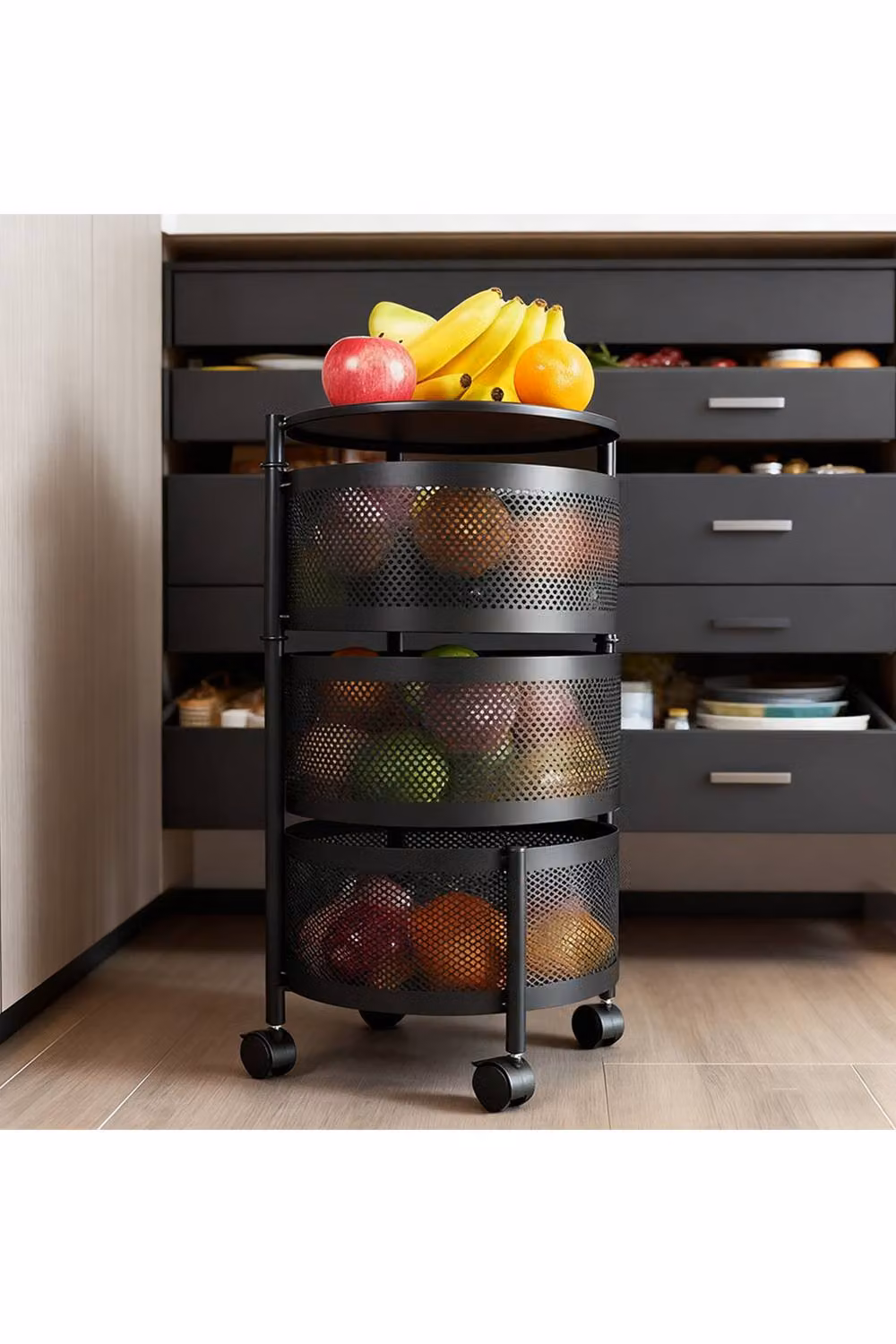 Living and Home XL Kitchen Storage Organiser with Rotating Metal Baskets and Castors in Matt Jet Black – 5
