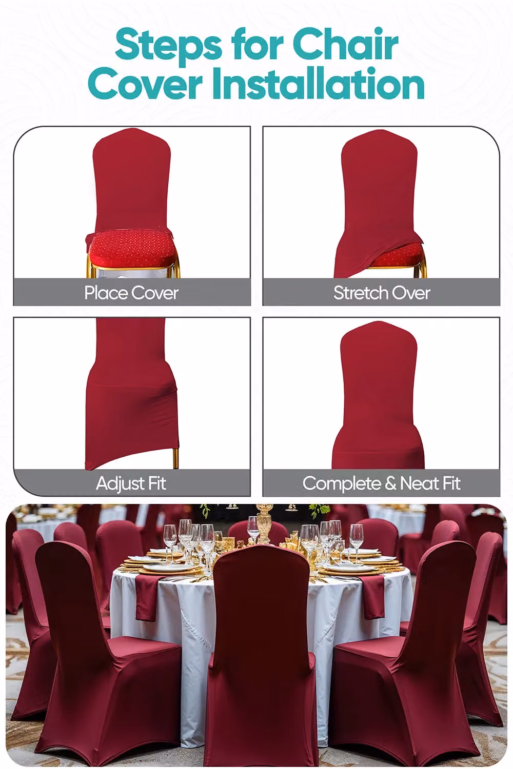 Neel Blue Spandex Polyester Stretch Dining Chair Cover in Burgundy – 2