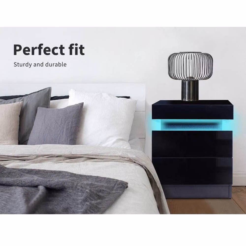VOGREX Set of 2 Modern High Gloss Black Bedside Nightstands with RGB LED Lighting – 2