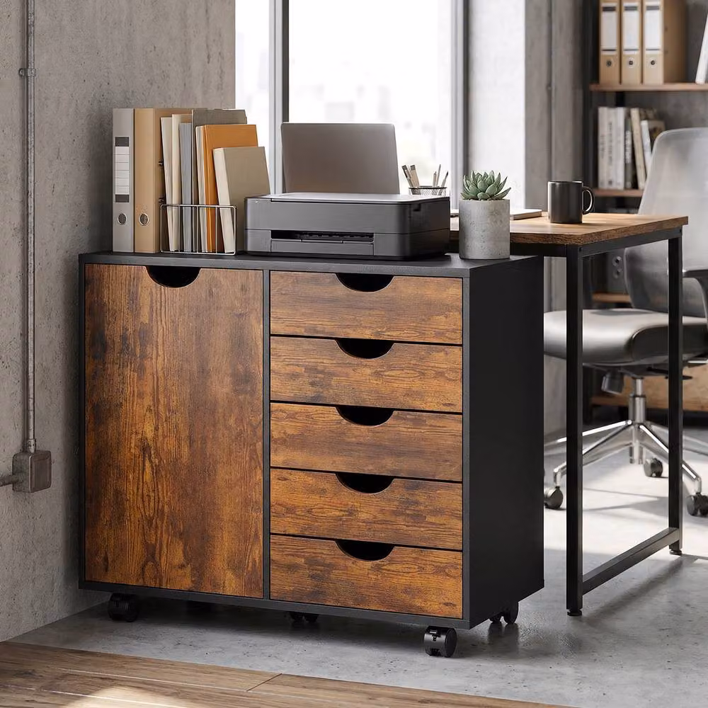 HOMCOM Modern Mobile 5-Drawer Office Storage Cabinet with Door in Brown – 2
