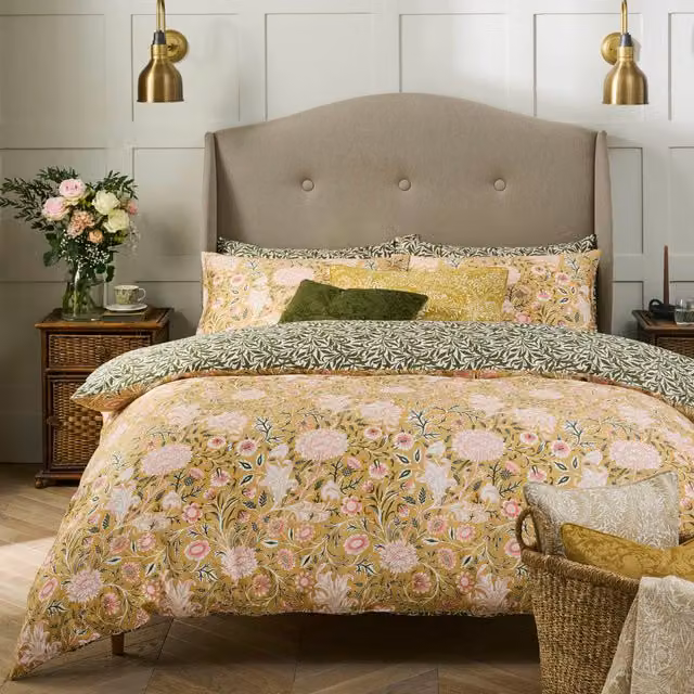 William Morris At Home Double Bough Reversible Mako Satin Cotton Duvet Cover and Pillowcase Set in Gold, Yellow, Green and Pink Floral Art Nouveau Design