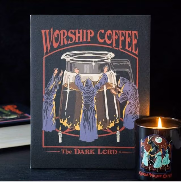 KDMD Worship Coffee Canvas Plaque by Steven Rhodes, Retro Black Wall Art, W/H: 19 x 25 cm – 1