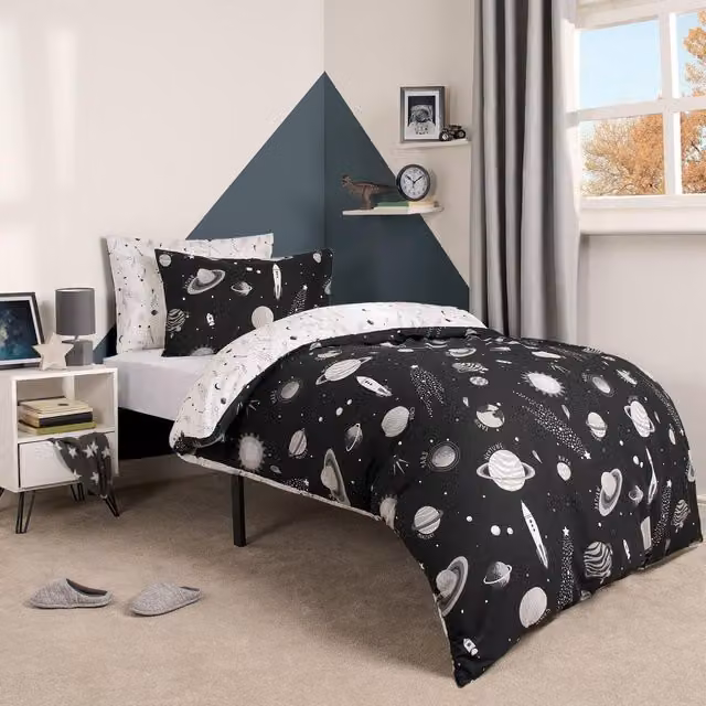 OHS Reversible Graphic Stars Childrens Duvet Cover Set, Black, 90 x 200 cm