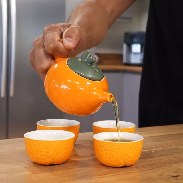 KDMK Ceramic Herbal Orange Teapot Set with 4 Cups, Orange