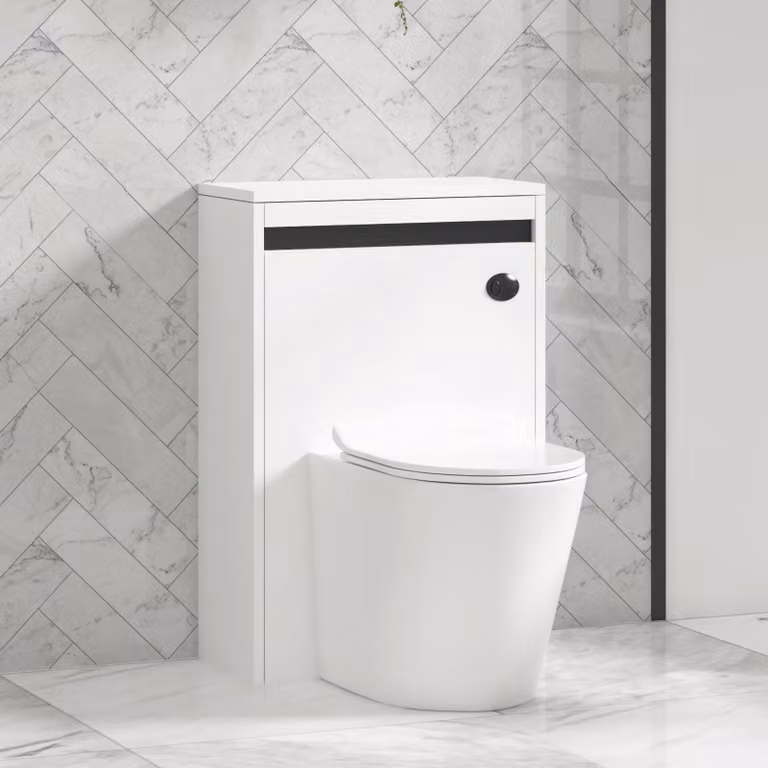 Royal Bathrooms Orion Matt White Back to Wall WC Unit with Cesar Rimless Ceramic Toilet Pan, Slim Seat and Cistern with Black Accent Trim, Width: 54 cm