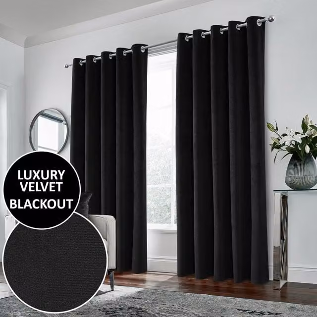 Enhanced Living Blackout Velvet Supersoft Eyelet Curtains, Black, Height: 183 cm, Width: 117 cm