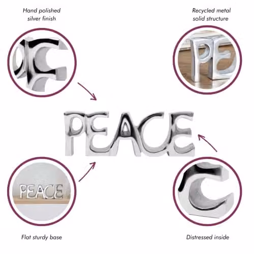 Paper High Recycled Metal Peace Sign in Silver, W: 24 cm, H: 9 cm, D: 2.5 cm – 2