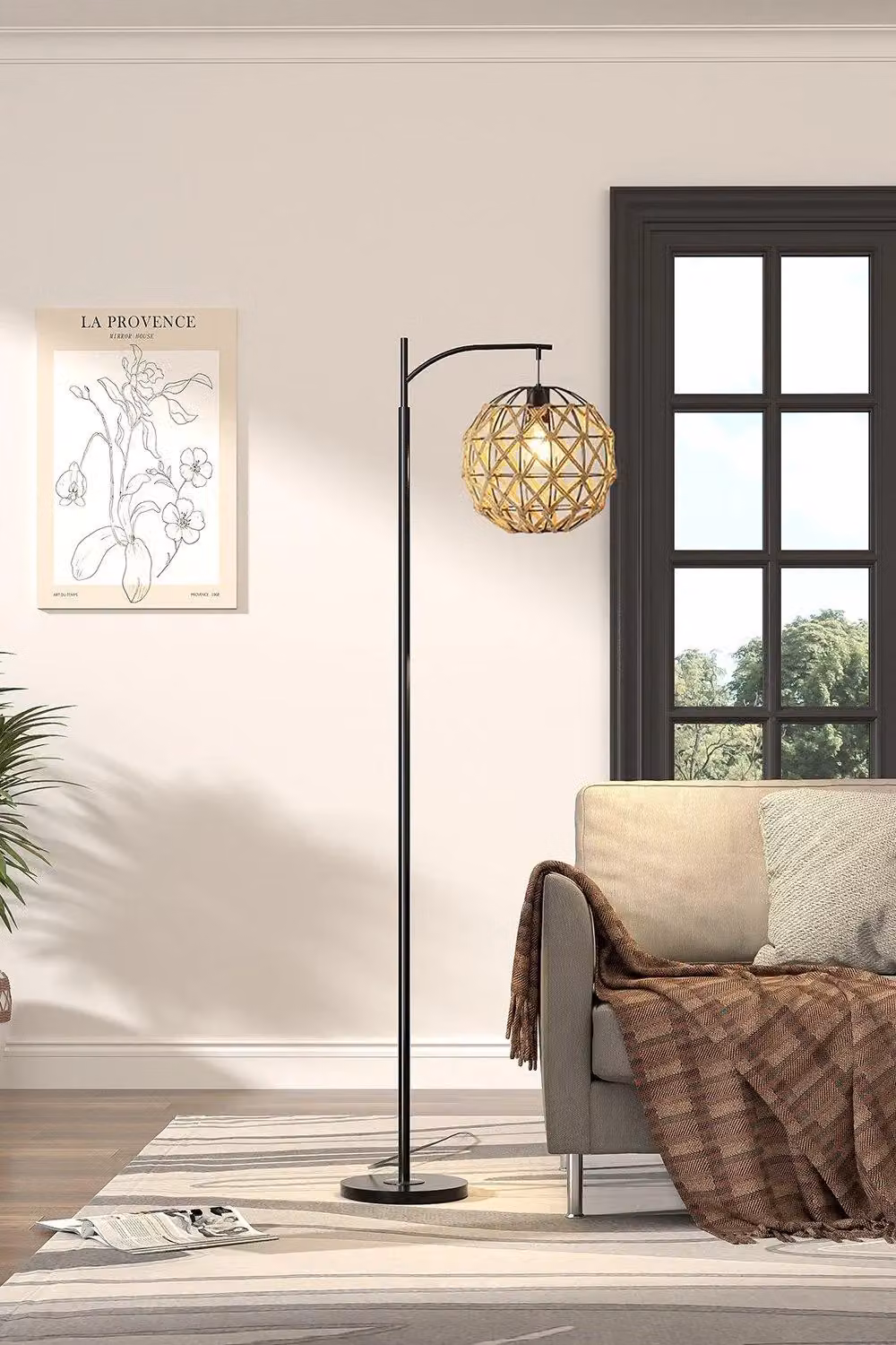 H&O Direct Modern Minimalist Floor Lamp with Multicolour Spherical Fabric Shade and Black Metal Base – 3