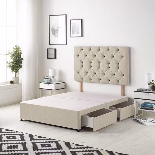 Somnior Beds Ltd Upholstered Fabric Divan Bed Base with Drawers in Beige and Yellow, W/D/H: 140 x 200 cm