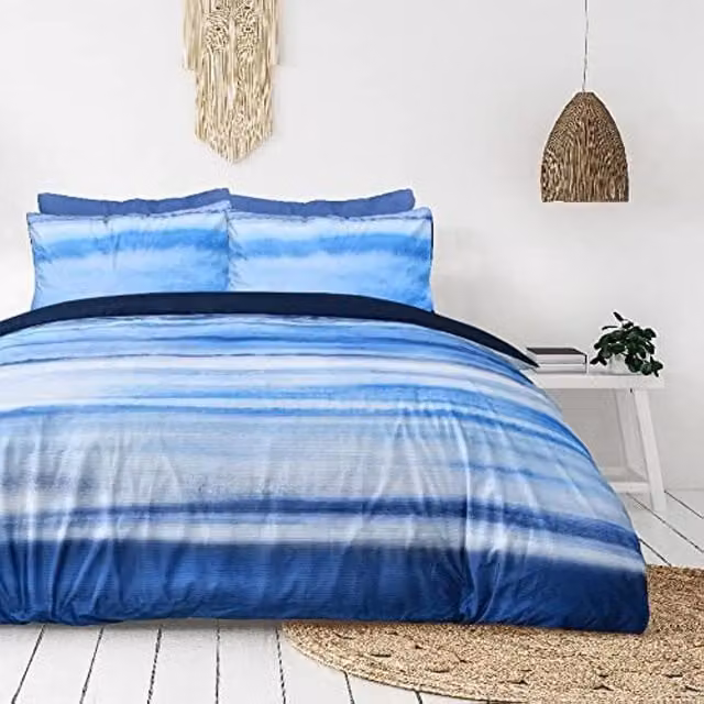 Smart Living Reversible Ribbed Velvet Duvet Cover and Pillowcases in Blue, W: 200 cm x D: 200 cm – 1