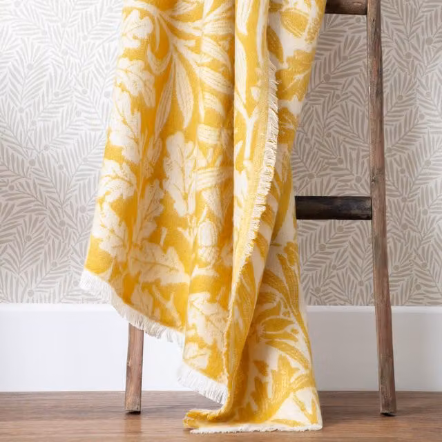 Morris & Co. Gold Faux Mohair Jacquard Throw with Fringes, W/D: 130 x 170 cm – 1