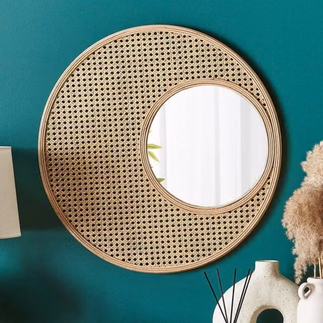 Wyld and Coco Round Rattan Wall Mirror with Bamboo Frame in Brown – 1