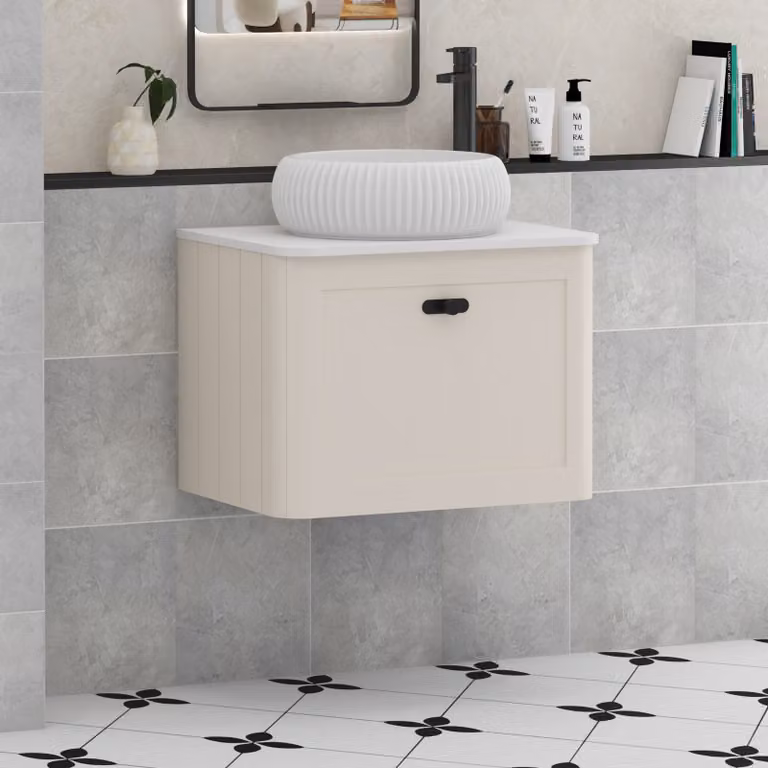 Royal Bathrooms Henley 600mm Wall Hung Vanity Unit in Mushroom Cashmere with Plain White Worktop, Milan Basin and Matt Black Knob