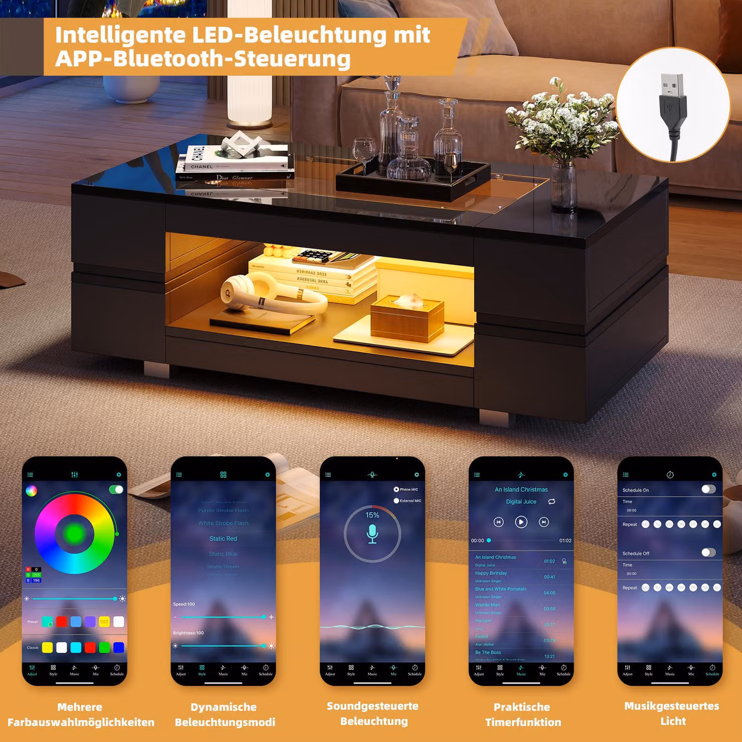Aosom UK Modern LED Hollow Coffee Table with App-Controlled Light Strip and High-Gloss Toughened Glass Top, Black, W: 100 cm, D: 50 cm, H: 35 cm – 3