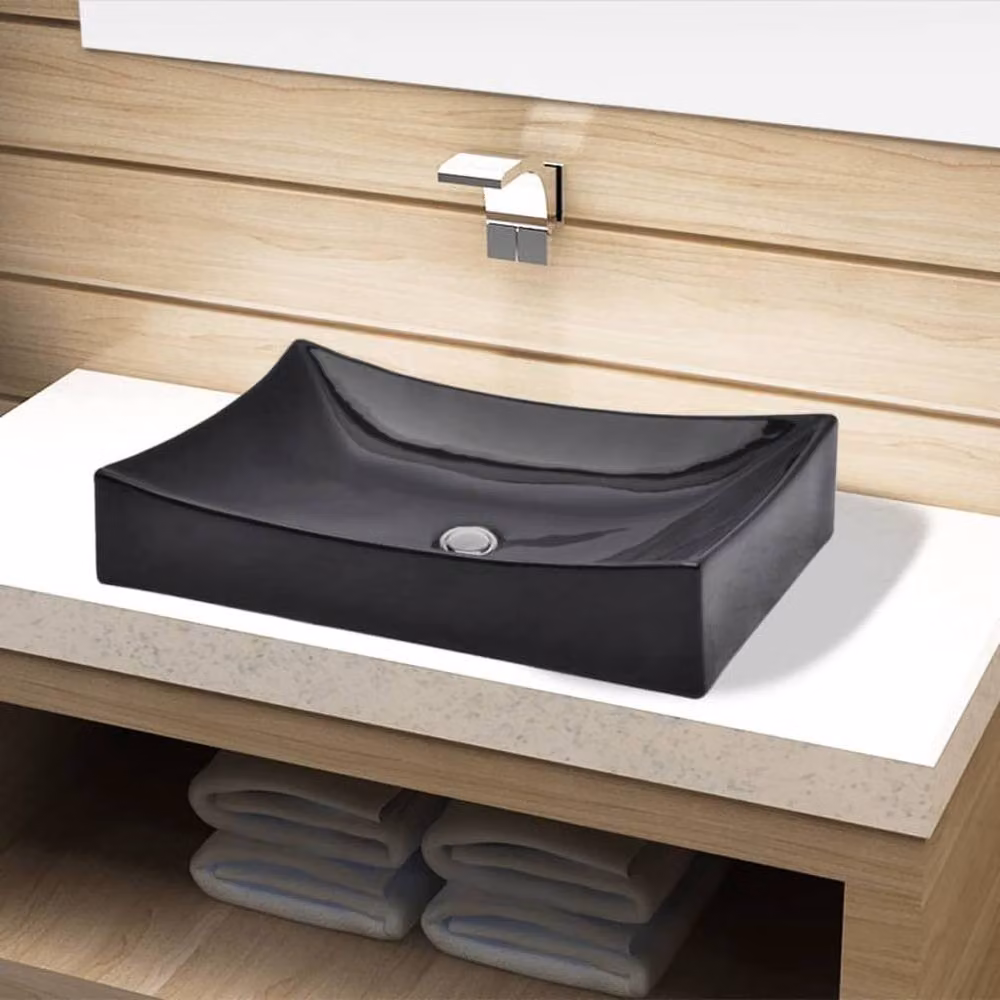 Berkfield Home Elegant Rectangular Ceramic Countertop Bathroom Sink Basin, Black, W: 65.5 cm, D: 39.0 cm, H: 14.0 cm – 2