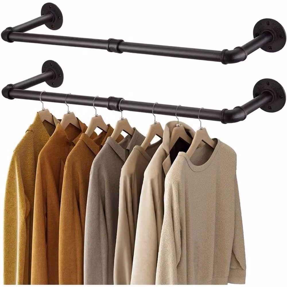 FLAVORA Industrial Matt Black Metal Wall Mounted Clothes Hanging Rack, Width: 92 cm – 2