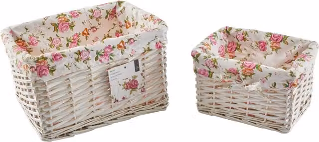 Orsina Set of 2 White Woven Willow Baskets with Floral Linings and Lids – 1